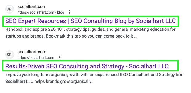 search results for socialhart - green highlight around the page titles to emphasize what seo titles look like in search results