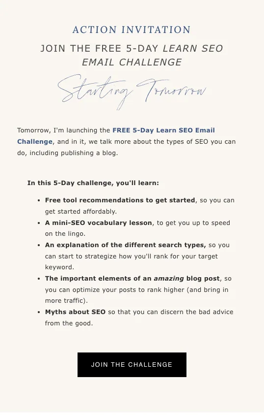 image describes the 5 day learn SEO challenge. It includes free recommendations, a mini SEO vocabulary lesson, different search results types, important blog posts elements, and myths about SEO. 