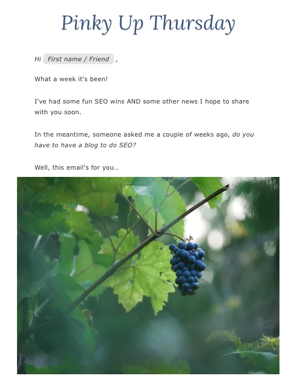 pinky up newsletter intro - picture of a grape (decorative)