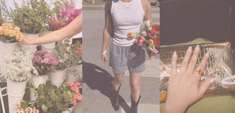 3 pictures of random creators: flower shopping, posing in a tee and jeans, and a hand with nails done
